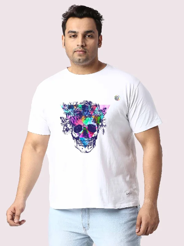 loose stretch t-shirts -Men Plus Size White Colour Splash Skull Printed Round Neck T-Shirt