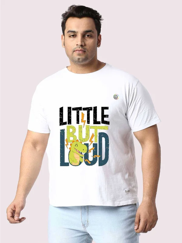 teal glow t-shirts -Men Plus Size White 'Little But Loud' Printed Round Neck T-Shirt