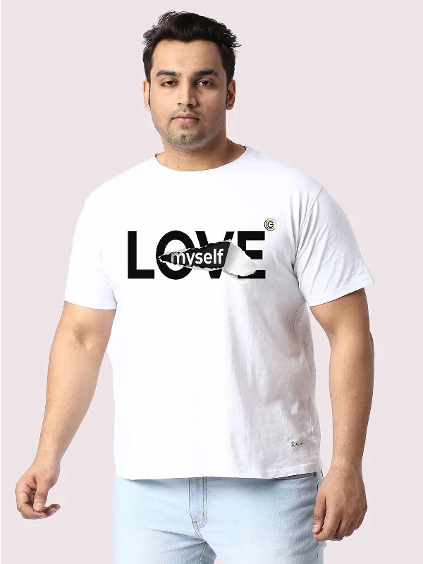 crisp snug t-shirts -Men Plus Size White Love My Self Printed Round Neck T-Shirt.