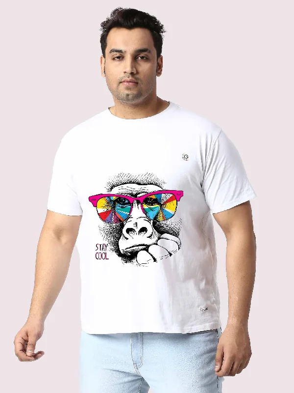 shale stretch t-shirts -Men Plus Size WhIte Monkey with Goggles Printed Round Neck T-Shirt