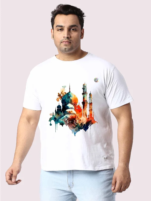 gunmetal t-shirts -Men Plus Size White Mosque Printed Round Neck T-Shirt