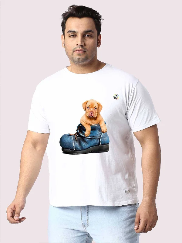 indigo cozy t-shirts -Men Plus Size White Puppy in a Shoe Printed Round Neck T-Shirt