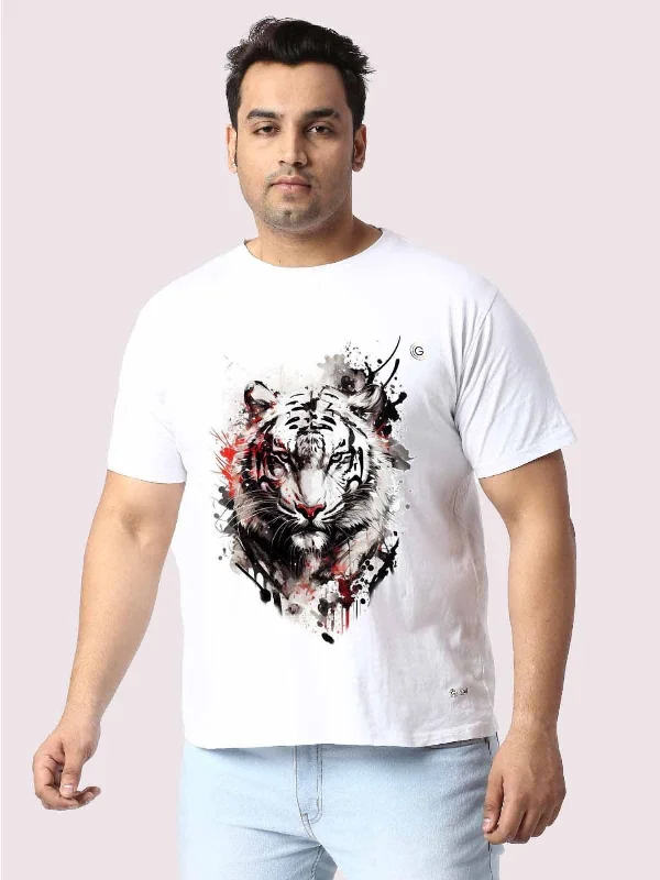 instant-dry t-shirts -Men Plus Size WhIte Tiger Head Printed Round Neck T-Shirt