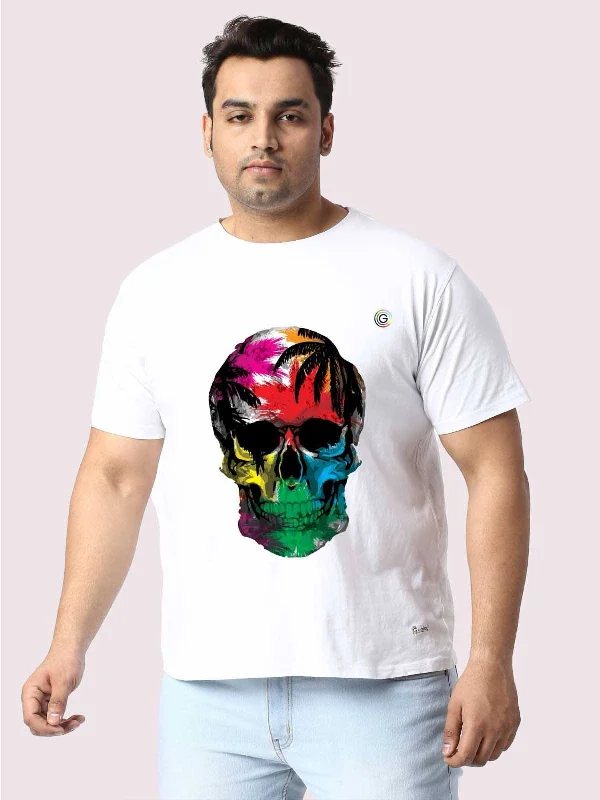 citron gym t-shirts -Men Plus Size White Tropical Skull Printed Round Neck T-Shirt