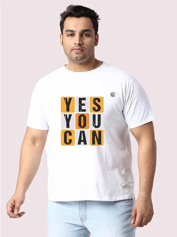 light stretch t-shirts -Men Plus Size White Yes You Can Printed Round Neck T-Shirt