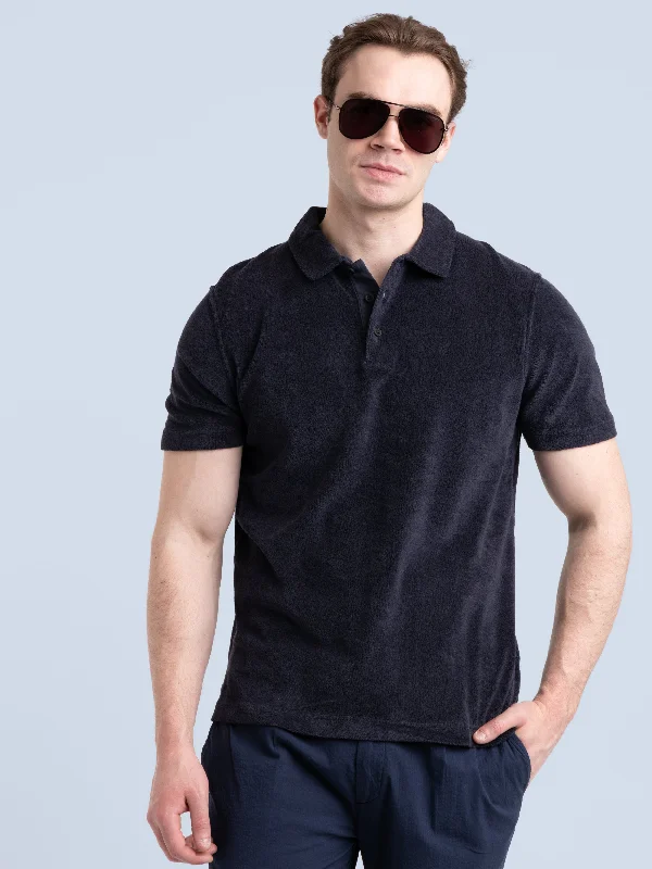 high-end logo t-shirts -Navy Terry Polo Shirt