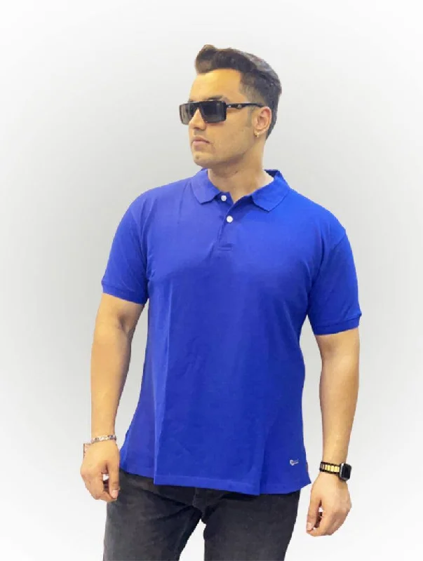 squad cozy t-shirts -Peacock Blue Solid Polo Collar Pure Cotton T-SHIRT Men's Plus Size