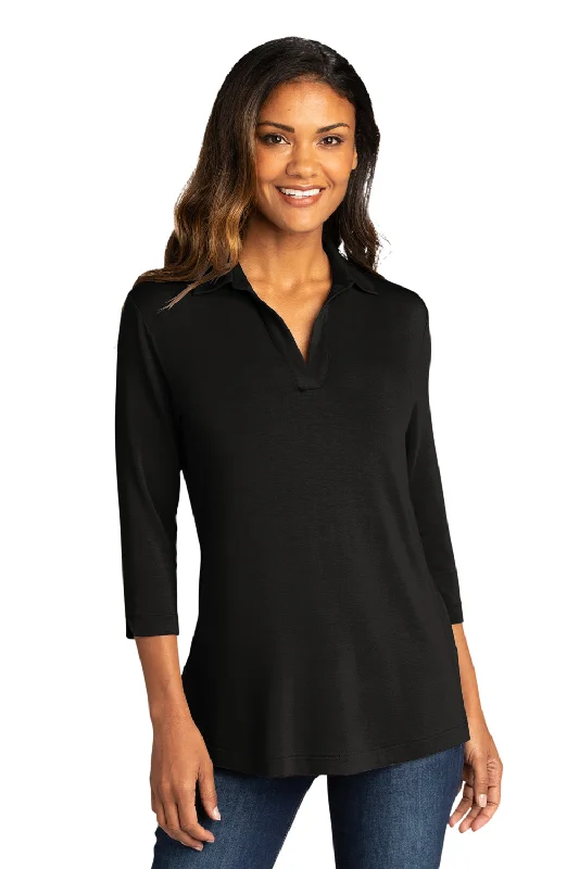 bold glow t-shirts -Port Authority Womens Luxe Knit 3/4 Sleeve Polo Shirt - Deep Black