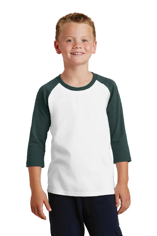 long cozy t-shirts -Port & Company Youth Core Moisture Wicking 3/4 Sleeve Crewneck T-Shirt - White/Dark Green - Closeout