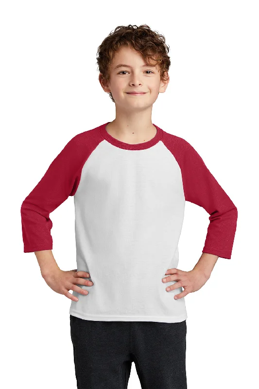 light stretch t-shirts -Port & Company Youth Core Moisture Wicking 3/4 Sleeve Crewneck T-Shirt - White/Red