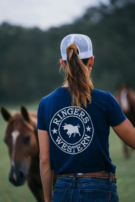 curve hem t-shirts -Signature Bull Womens Classic Fit T-Shirt - Navy/White