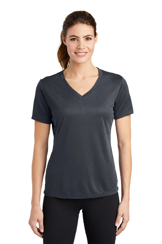 waffle stretch t-shirts -Sport-Tek Womens RacerMesh Moisture Wicking Short Sleeve V-Neck T-Shirt - Graphite Grey