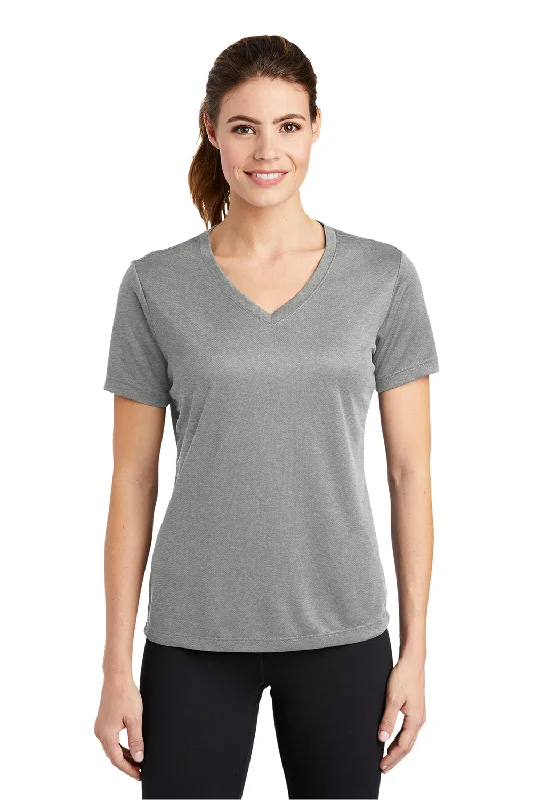 sleek stripe t-shirts -Sport-Tek Womens RacerMesh Moisture Wicking Short Sleeve V-Neck T-Shirt - Heather Grey