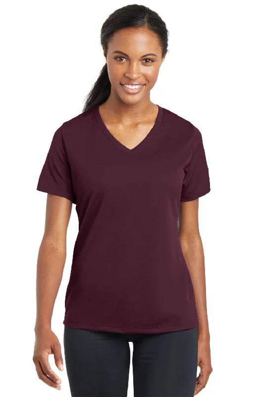 newborn flash t-shirts -Sport-Tek Womens RacerMesh Moisture Wicking Short Sleeve V-Neck T-Shirt - Maroon - Closeout