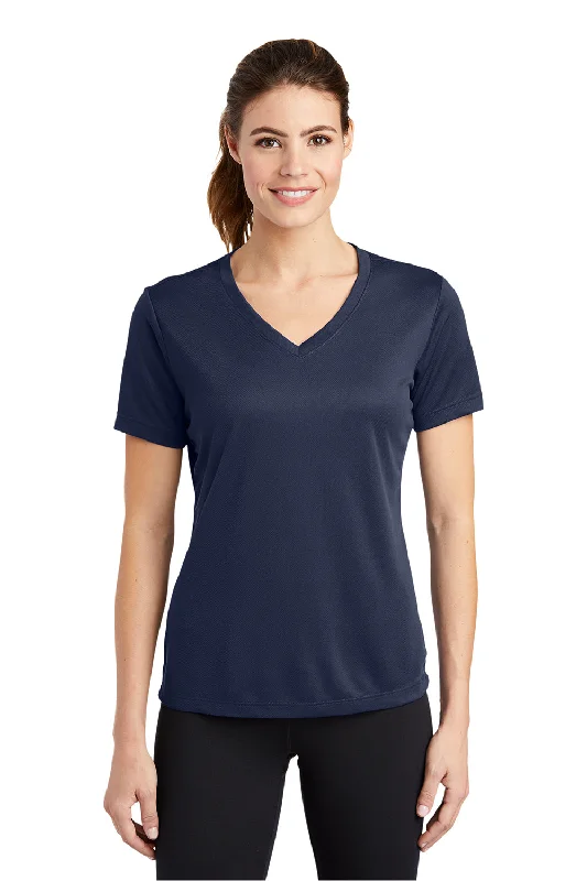 shale stretch t-shirts -Sport-Tek Womens RacerMesh Moisture Wicking Short Sleeve V-Neck T-Shirt - True Navy Blue