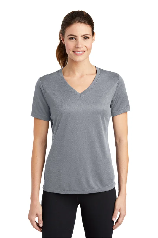 seed glow t-shirts -Sport-Tek Womens RacerMesh Moisture Wicking Short Sleeve V-Neck T-Shirt - Silver Grey