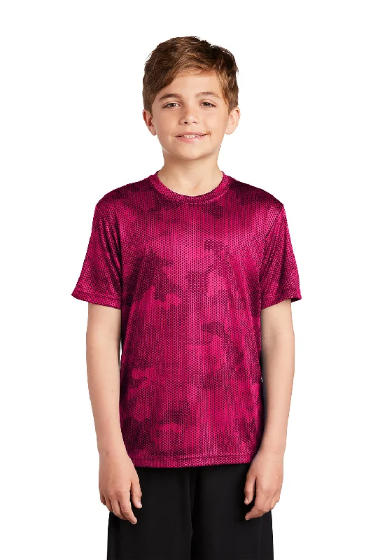 melon sleek t-shirts -Sport-Tek Youth CamoHex Moisture Wicking Short Sleeve Crewneck T-Shirt - Raspberry Pink