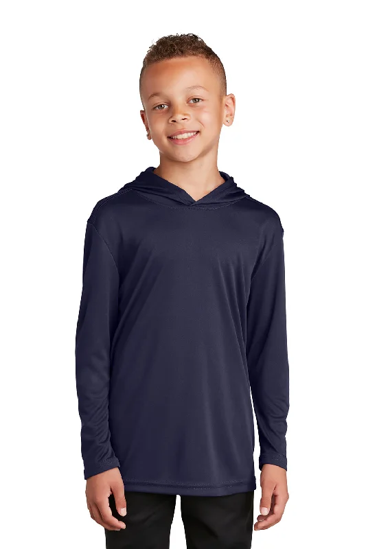 chalk stretch t-shirts -Sport-Tek Youth Competitor Moisture Wicking Long Sleeve Hooded T-Shirt Hoodie - True Navy Blue