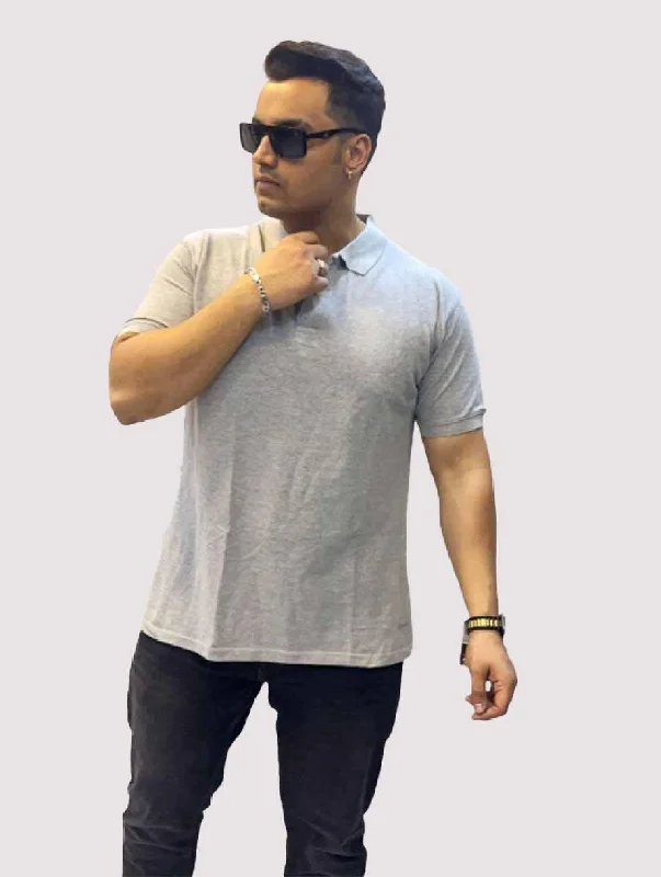 angle glow t-shirts -Stone Grey Solid Polo Collar Pure Cotton T-SHIRT Men's Plus Size