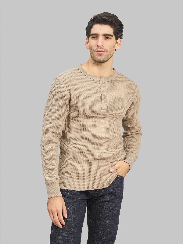 fall harvest t-shirts -UES Thermal Big Waffle Henley T-Shirt Beige