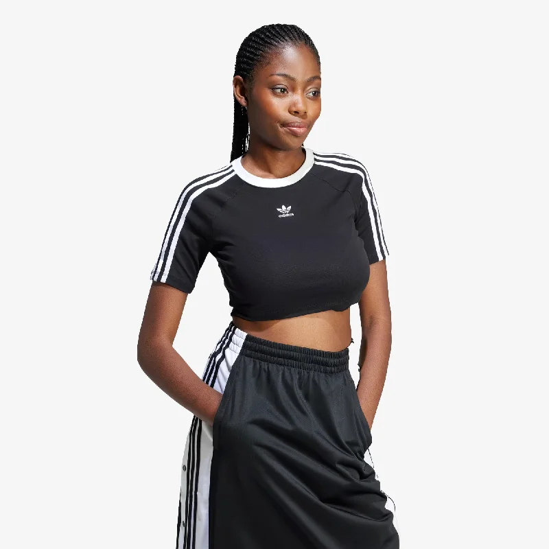 angled pocket t-shirts -Adidas Originals | WMN'S 3-STRIPES BABY TEE  { BLACK/WHITE