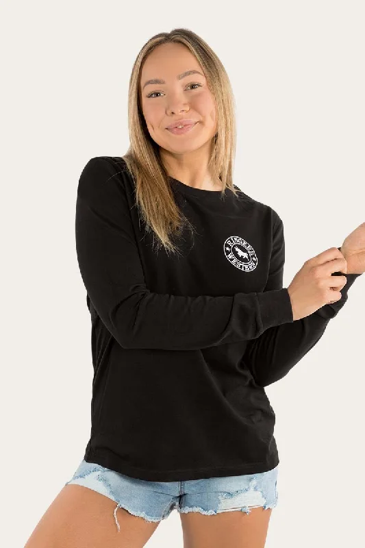 cargo gym t-shirts -Signature Bull Womens Loose Fit Long Sleeve T-Shirt - Black/White