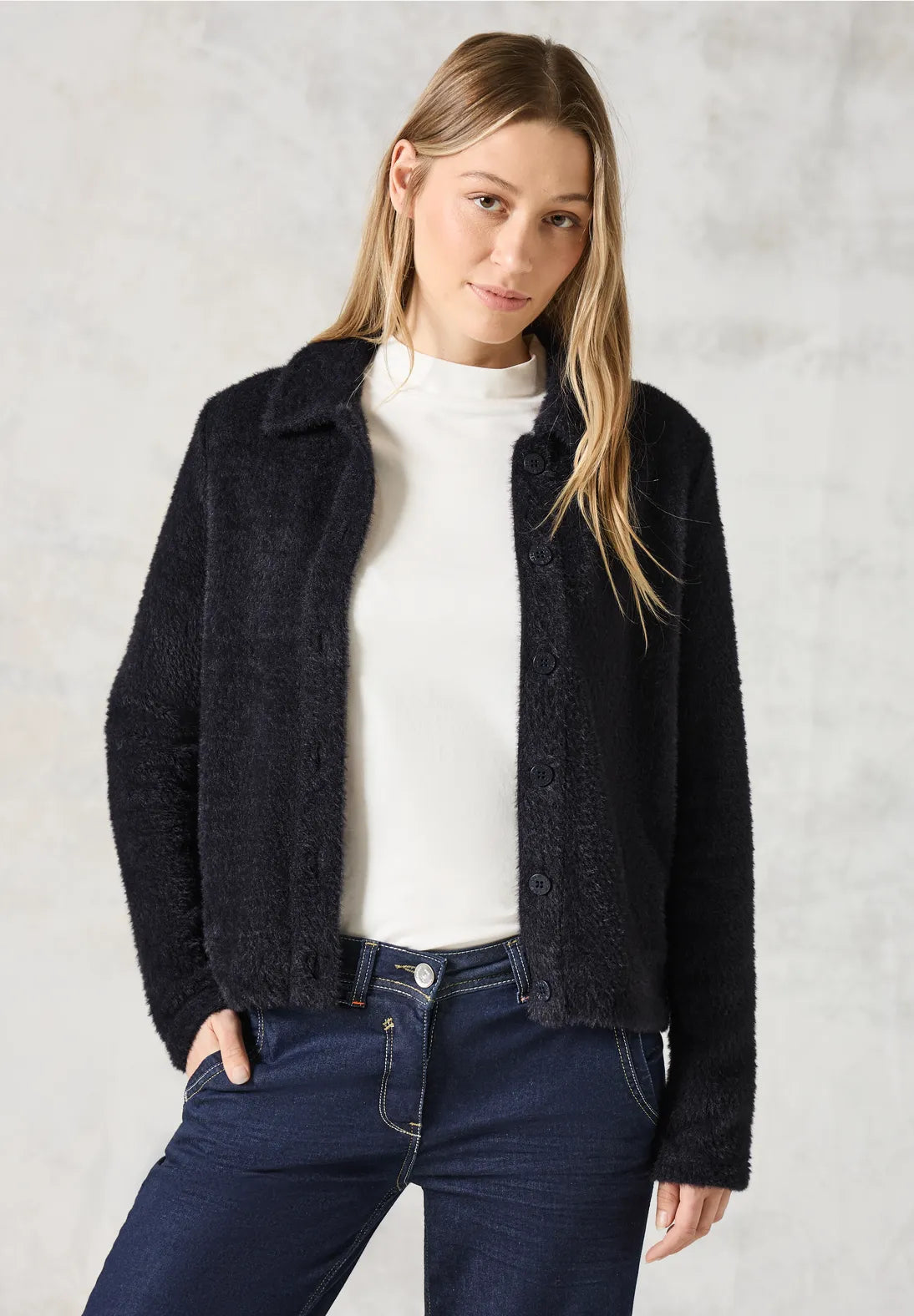 cardigan with perforated trim -Cecil Feather yarn cardigan with collar. Black or Cream 32269