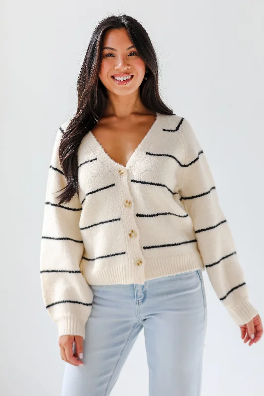 cardigan with horn studs -Effortlessly Lavish Cream Striped Sweater Cardigan