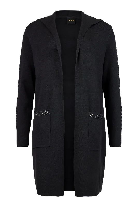 wool-blend cardigan warm flow -Icona Luxe Long Black Hooded Cardigan with Black Diamante Trim  67270