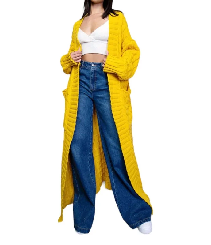 wool-ramie cardigan warm -Long Cable Knit Cardigan Sweater In Yellow