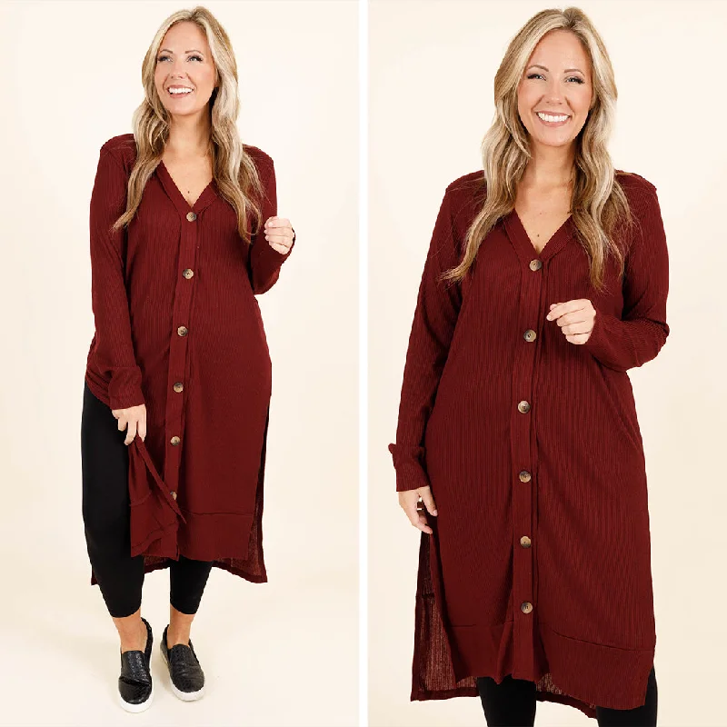 knit-cotton cardigan light -Long Way From You Cardigan, Dark Burgundy