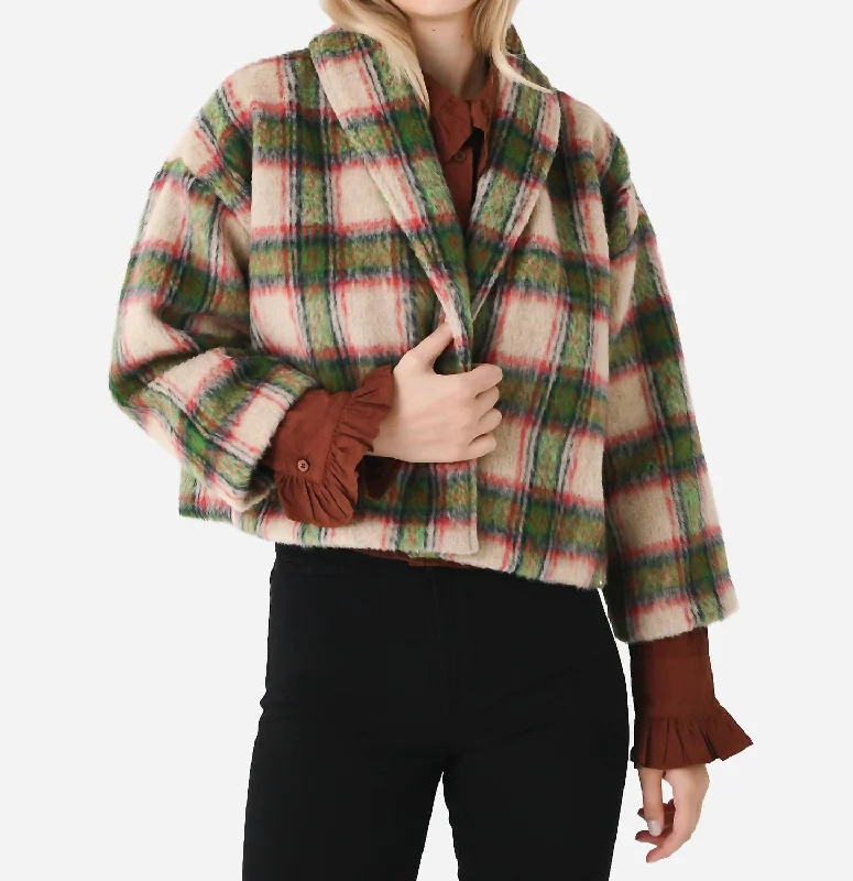 short cardigan trek vibe -Shawl Collar Crop Jacket In Plaid Mohair