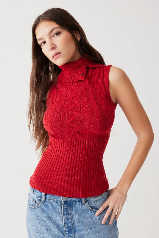 silk-ramie pullover sweater luxe -Axel Cable Cloud Knit Sleeveless Sweater - Red Velvet