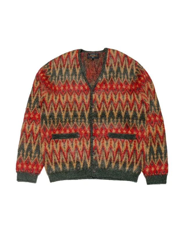 wool-jute cardigan warm -Beams Plus Cardigan Double Jacquard Chevron Pattern Green