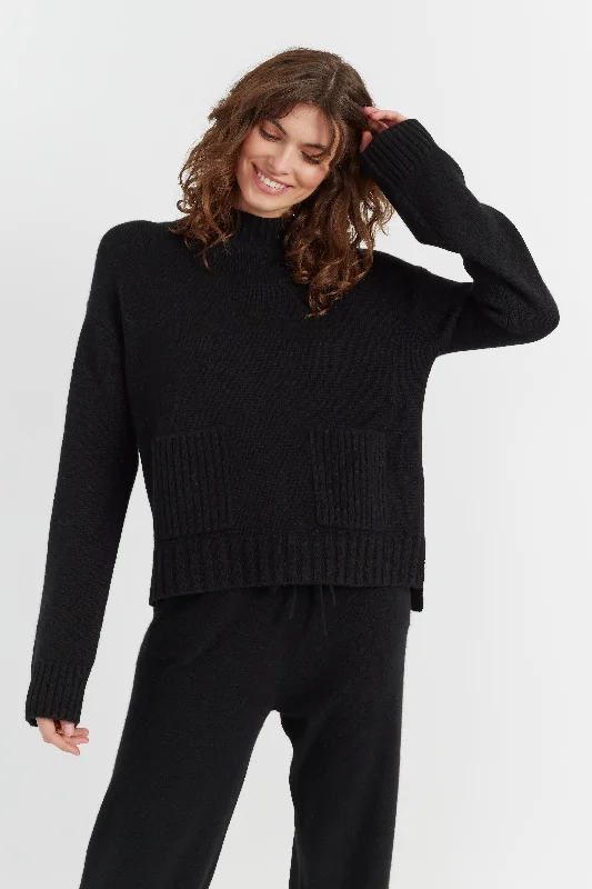 pullover sweater with bead logos -Black Cashmere Patch Pocket Sweater