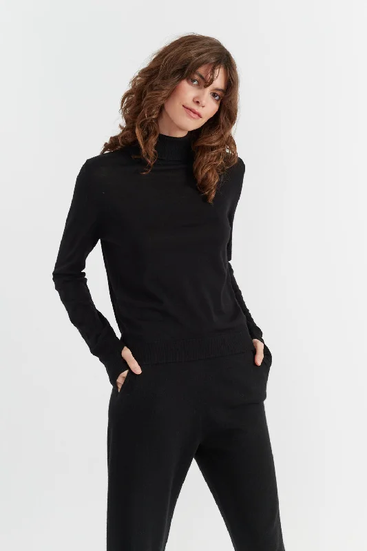 ribbed-silk pullover sweater texture -Black Pure  Merino Rollneck Sweater