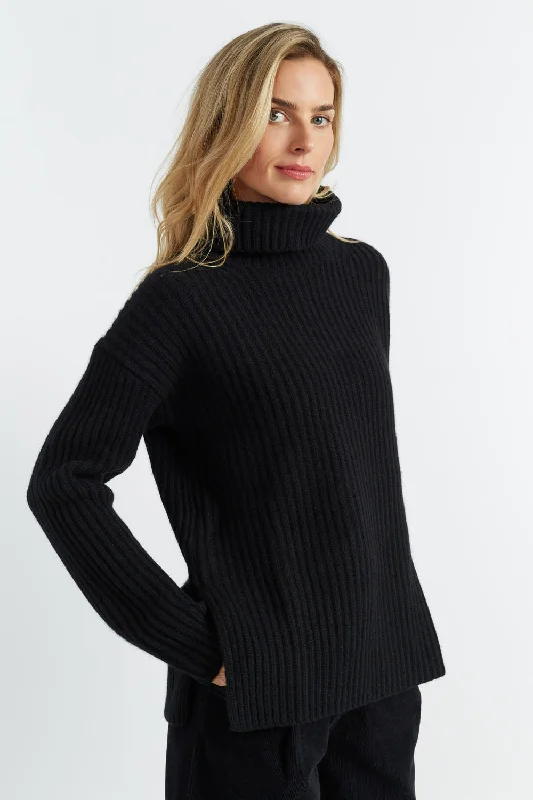 pullover sweater with draped trim -Black Rib-Knit Cashmere Rollneck Sweater