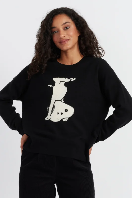 pullover sweater with agate logos -Black Wool-Cashmere Dancing Snoopy Sweater