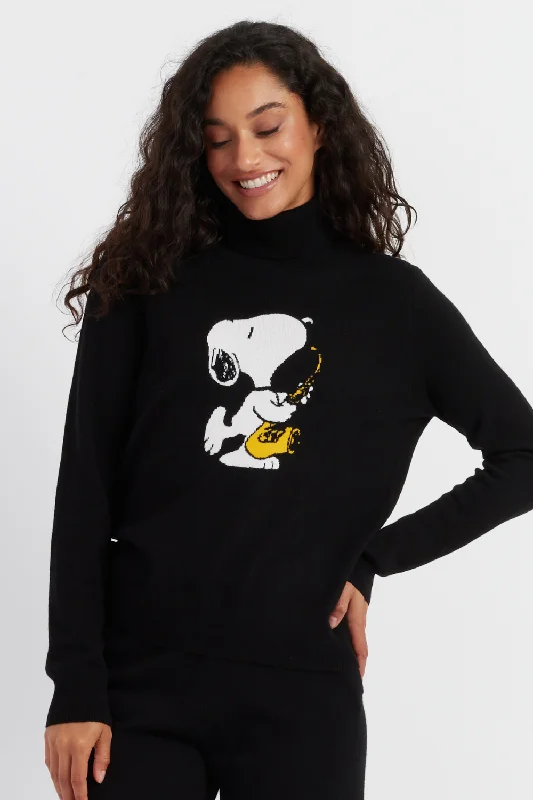 pullover sweater teens solar sage -Black Wool-Cashmere Snoopy Saxophone Sweater