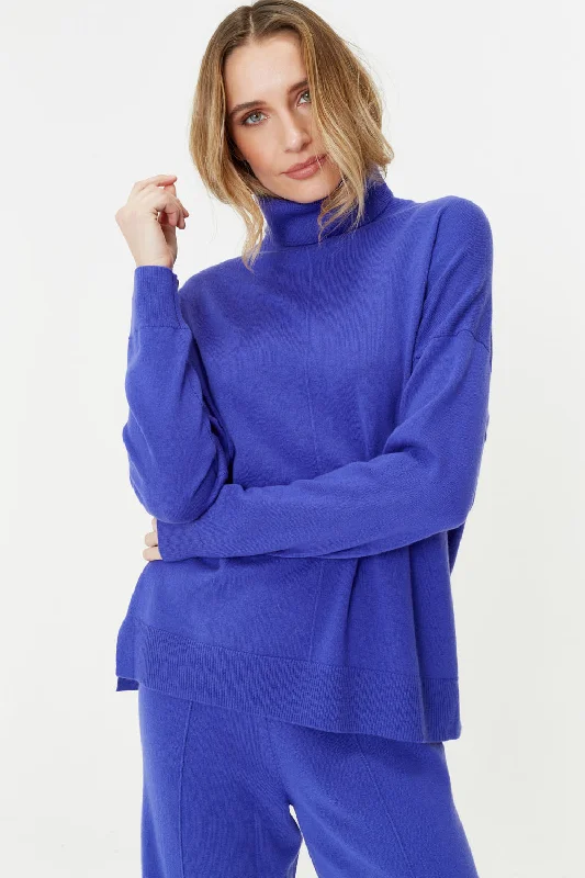 pullover sweater with bead logos -Blue-Violet Wool-Cashmere Relaxed Rollneck Sweater