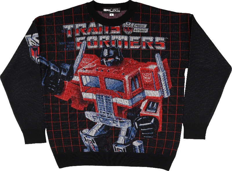 pullover sweater with draped trim -Box Art Optimus Prime Transformers Knitted Sweater