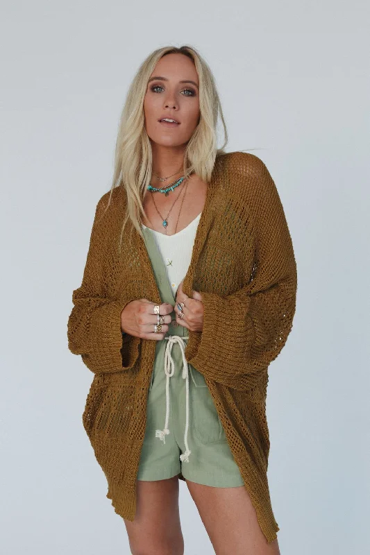 clove cardigan rich hue -Brenden Knit Netted Cardigan - Brown