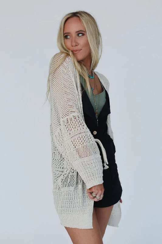 ramie-jute cardigan natural -Brenden Knit Netted Cardigan - Ivory