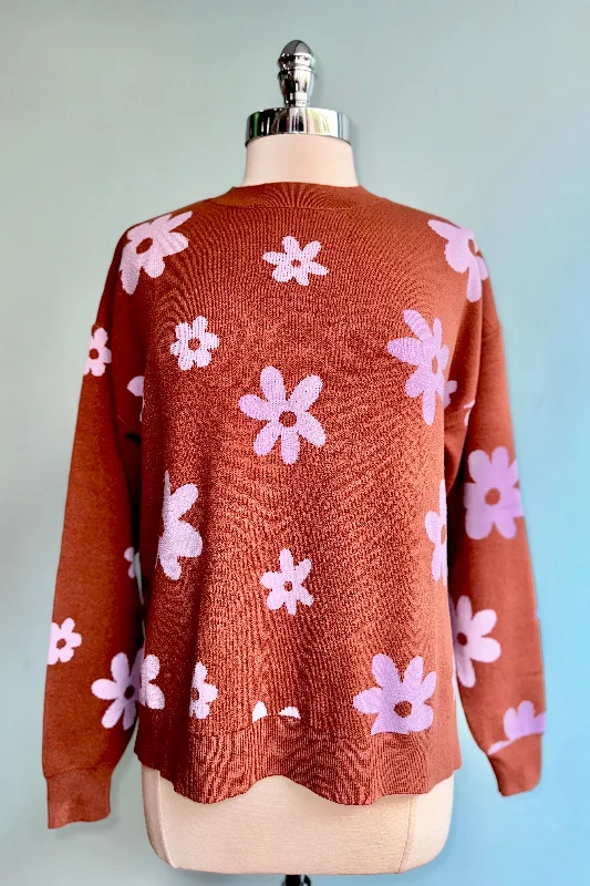 long pullover sweater adventure chic -Brown and Purple Mod Flower Sweater by Compania Fantastica