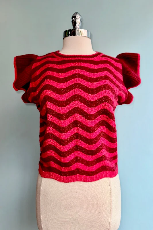 pullover sweater with glitter trim -Burgundy Berry Wave Ruffle Sleeveless Sweater