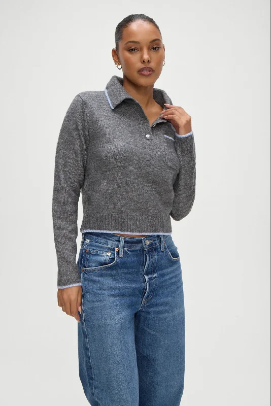 pullover sweater with draped hem -Carolyn Collared Sweater - Winter Sky