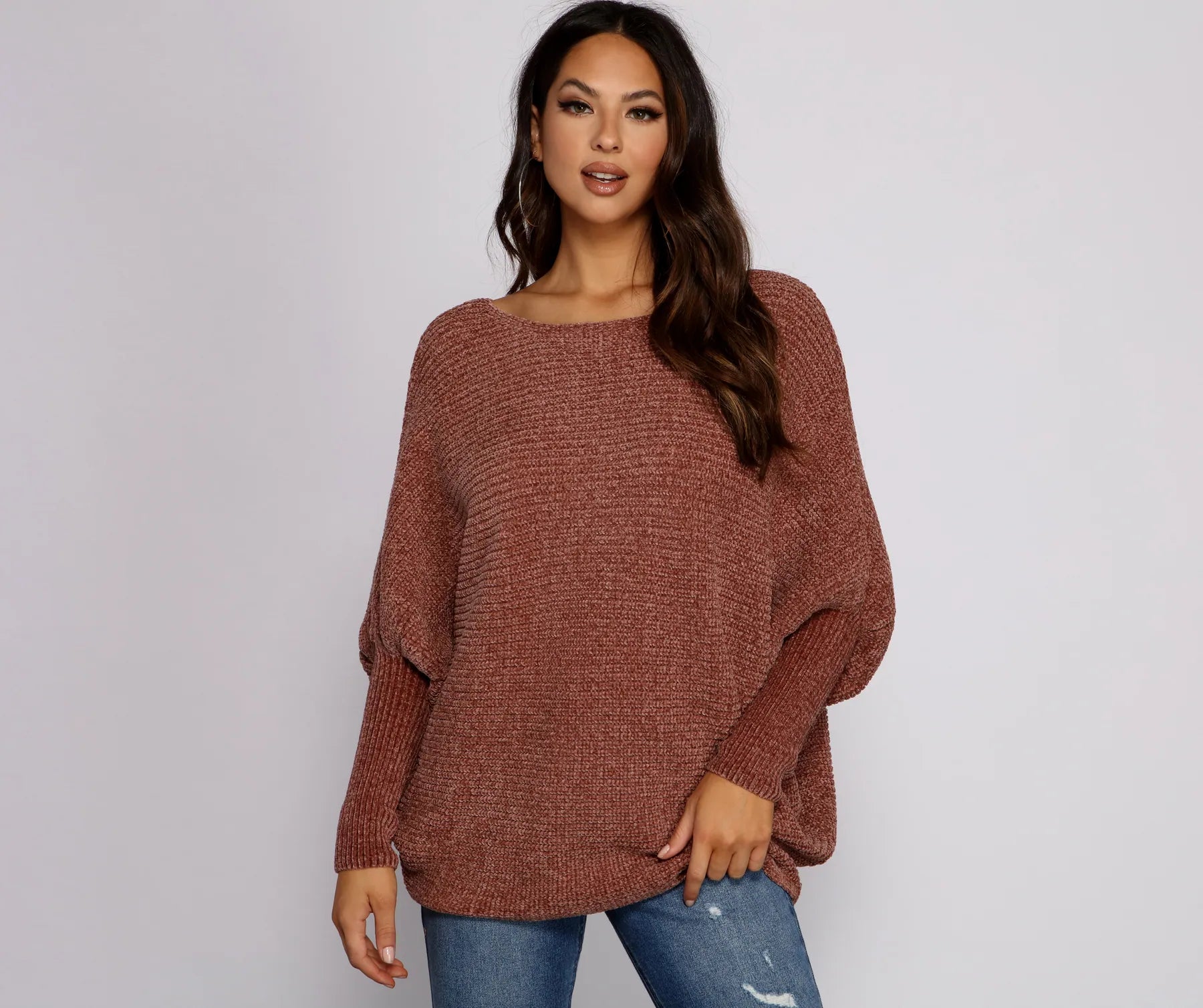 pullover sweater with ruched trim -Chenille Knit Dolman Sleeve Sweater