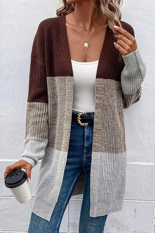 cardigan with lattice piping -TastyHottie - Color Contrast Long Open Front Cardigan