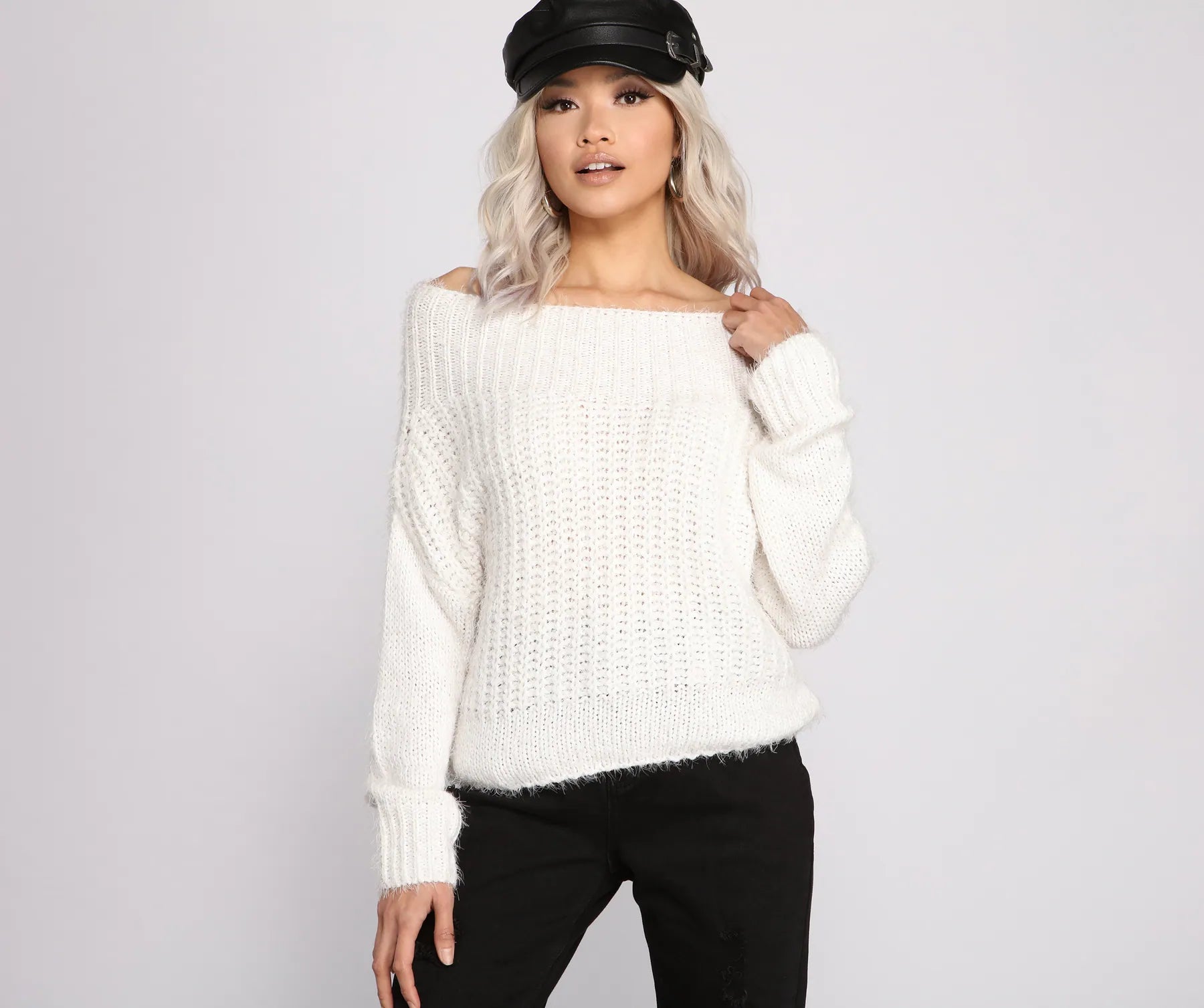 chevron-cotton pullover sweater dynamic -Cozy Eyelash Knit Off The Shoulder Sweater