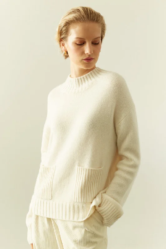 pullover sweater with shell trim -Cream Cashmere Patch Pocket Sweater